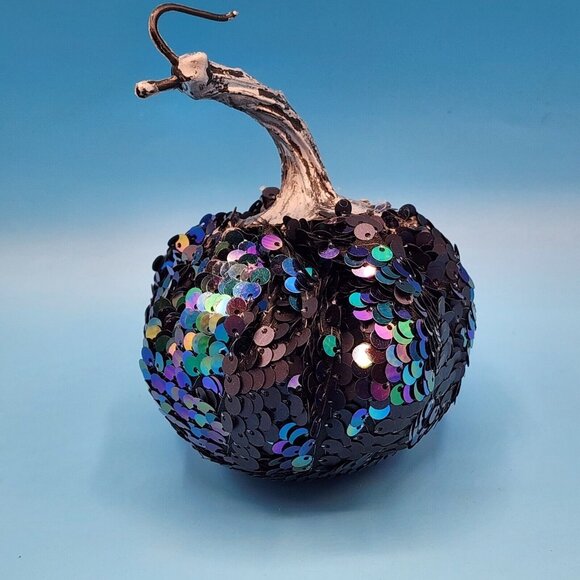 Blue Pumpkins Sequin Iridescent Fabric Gothic Halloween Decor Silver Stems 3 PC - Picture 5 of 10